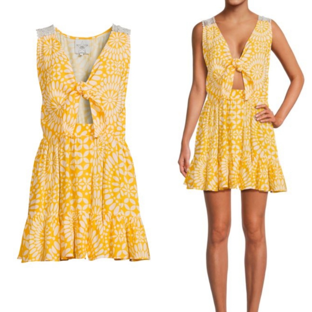 NWT Area Stars Yellow‎ Luna Floral Crochet Mini Dress Size Large